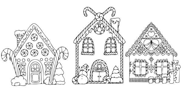 Set Gingerbread house decorated with cream and various sweets. Christmas treat. Decor element. Coloring. Vector illustration isolated on white background. Set Gingerbread house decorated with cream and various sweets. Christmas treat. Decor element. Coloring. Vector illustration isolated on white background. december clipart pictures stock illustrations
