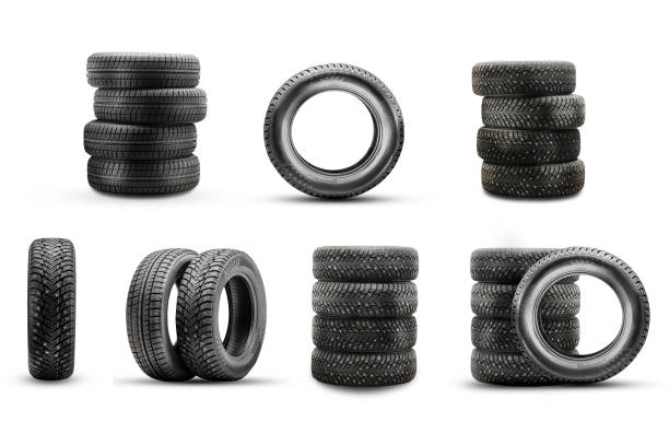 icons of the bus photo. Winter set of studded tires icons isolate on a white background stock photo
