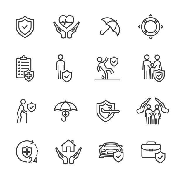 ilustraciones, imágenes clip art, dibujos animados e iconos de stock de conjunto vectorial de iconos de línea de seguro. - insurance symbol computer icon travel