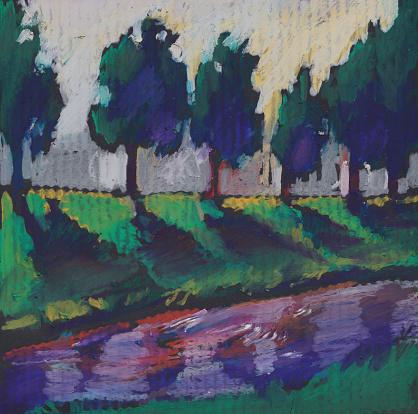 Pastel painting of landscape, trees and river