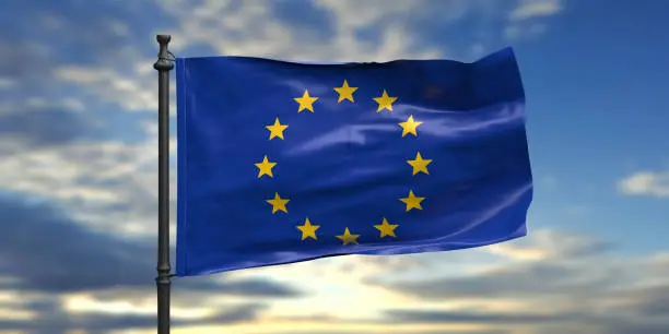 EU sign, symbol. European Union flag waving on a pole, blue sky with clouds background. United Europe concept. 3d illustration