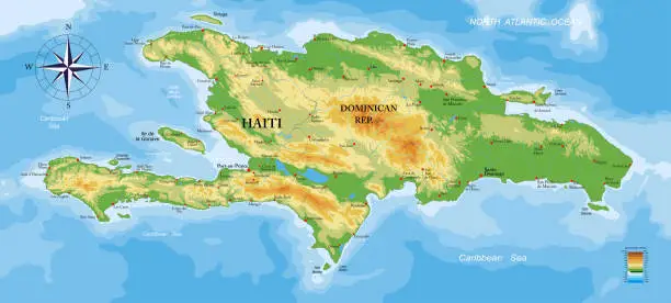 Vector illustration of Haiti and Dominican Republic physical map