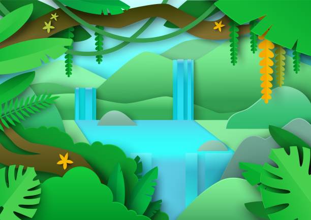 Tropical jungle landscape. Amazon forest with green foliage, exotic plants, waterfall, vector paper cut illustration. Tropical jungle landscape, vector illustration in paper art style. Amazon forest scenery with green foliage, exotic plants, waterfall. amazonia stock illustrations