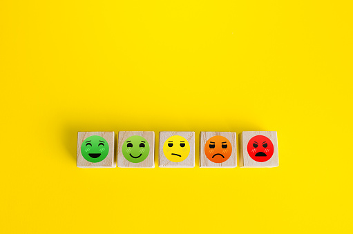 Mood faces from happy to angry on wooden blocks. Concept of rating, review. Visitor satisfaction with the services received. Quality assessment, meeting expectations. Communication and feedback.