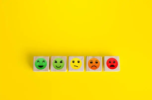 Photo of Mood faces from happy to angry on wooden blocks. Concept of rating, review. Visitor satisfaction with the services received. Quality assessment, meeting expectations. Communication and feedback.