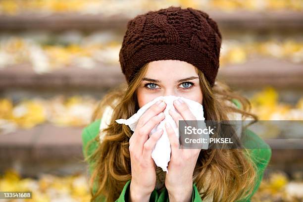 Woman With A Cold Stock Photo - Download Image Now - Handkerchief, Women, Autumn