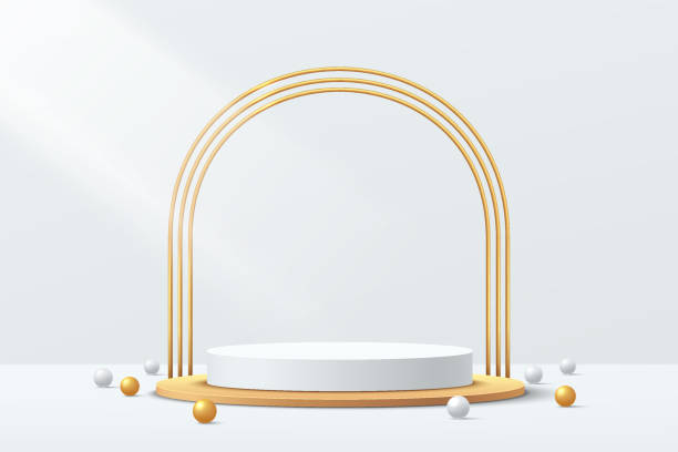 istock 3D abstract studio room with pedestal podium. White and gold geometric platform with golden arches and sphere ball. Luxury scene for demonstration of cosmetic products. Showcase, Display case. 1335418571