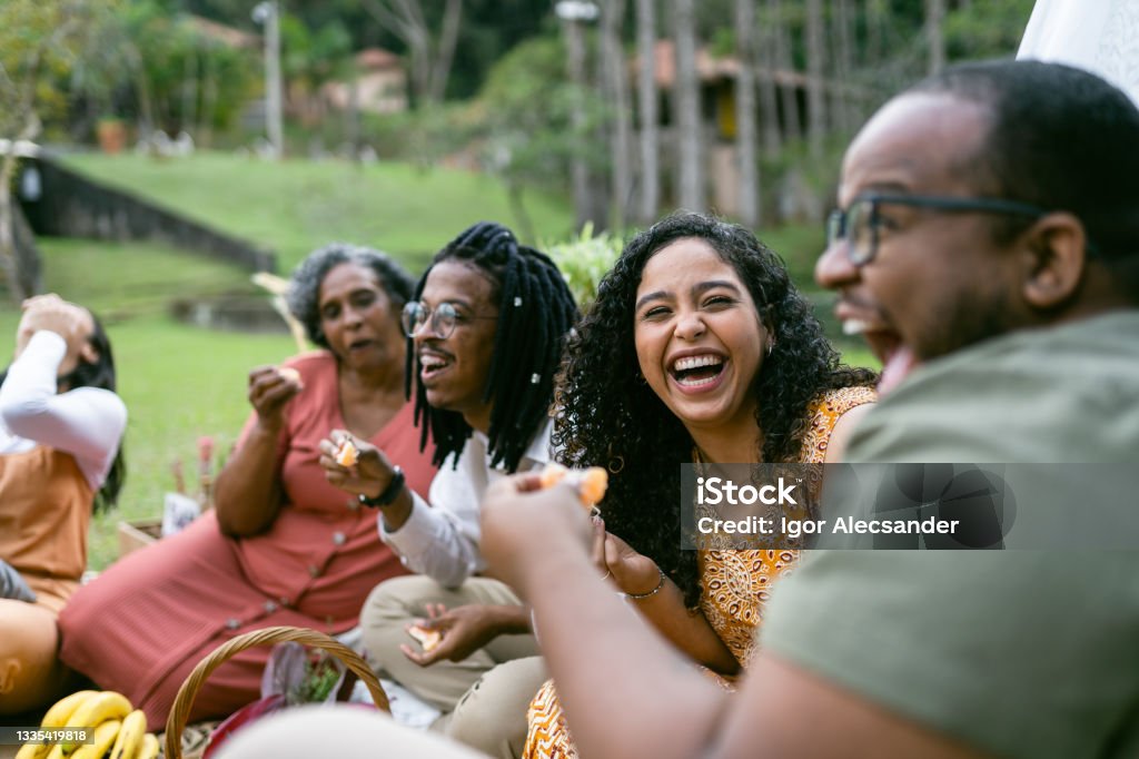 Smiling friends at the picnic Family Stock Photo