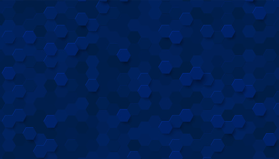 Abstract dark navy blue seamless hexagon pattern 3D background. Minimal geometric shape futuristic design. You can use for cover banner template, poster, flyer, print ad. Vector illustration