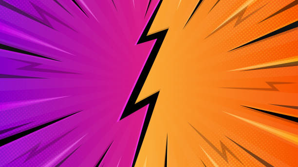 stockillustraties, clipart, desenhos animados e ícones com fundo colorido versus estilo cômico com efeito relâmpago e meio-tom. - história em quadrinhos