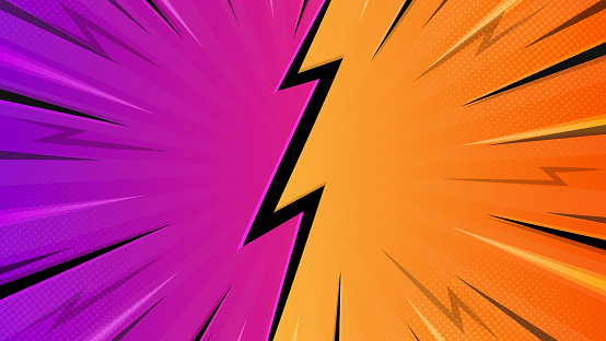 Flat versus comic style background. Purple and orange comic style background with lightning and halftone effect.