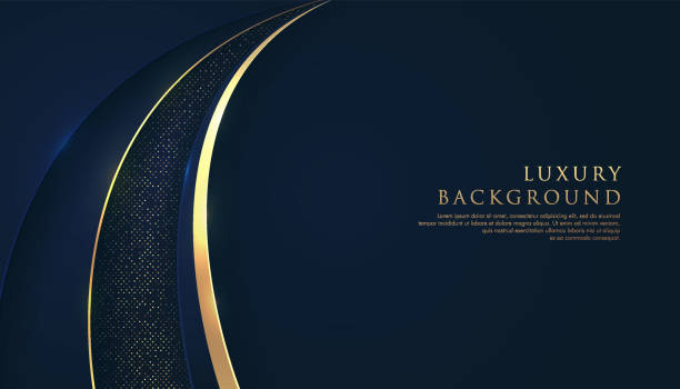 Abstract golden and blue curve geometric shapes on dark background. Modern Luxurious bright golden lines with golden glitter decorate. Technology futuristic concept. Vector illustration Abstract golden and blue curve geometric shapes on dark background. Modern Luxurious bright golden lines with golden glitter decorate. Technology futuristic concept. Vector illustration navy blue stock illustrations