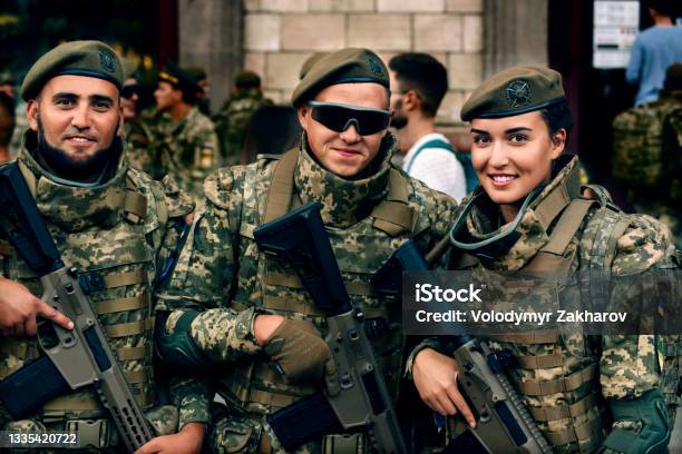 Rehearsal Of The Military Parade On Occasion Of 30 Years Independence Day Of Ukraine Ukrainian Soldiers In Military Uniform On Khreshchatyk Street Stock Photo - Download Image Now