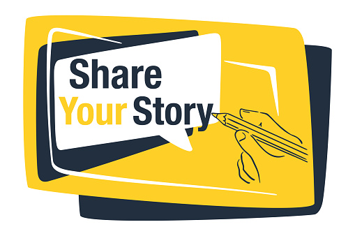 Share Your Story motivational banner - abstract modern shape, hand holds pencil and writes a message - isolated vector concept. Yellow and dark gray colors. Vector illustration