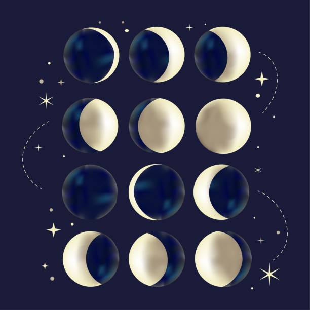 ilustrações de stock, clip art, desenhos animados e ícones de moon phases icon set on white background. astronomy cycle of the moon - moon change eclipse cycle