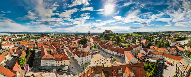 Aerial Panorama View on Ptuj Town in Slovenia.