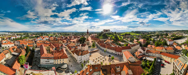 Aerial Panorama View on Ptuj Town in Slovenia stock photo