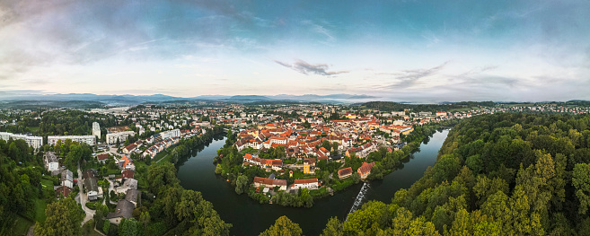 Panoramic View on Novo Mesto in Slovenia at River Krka.