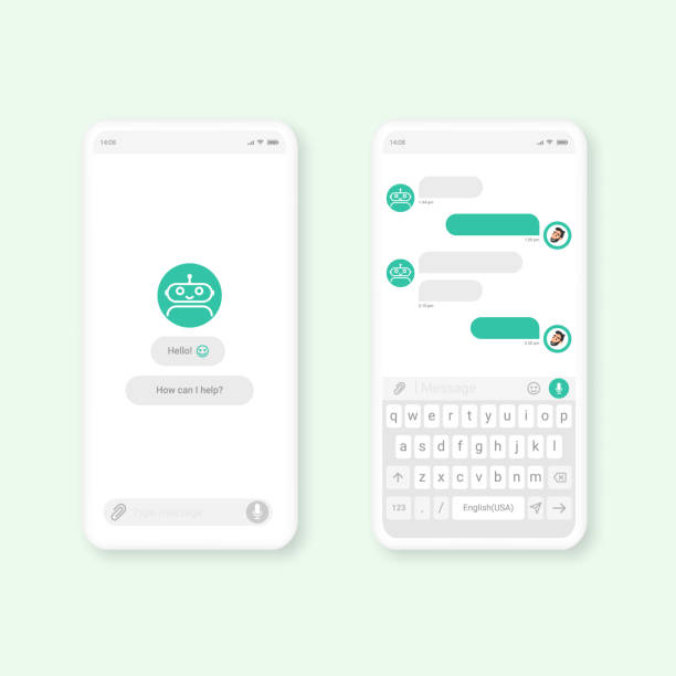 illustrations, cliparts, dessins animés et icônes de concept de modèle de boîte de dialogue d’application mobile de chat bot. éléments ux d’interface utilisateur pour la conception web. - messagerie en ligne