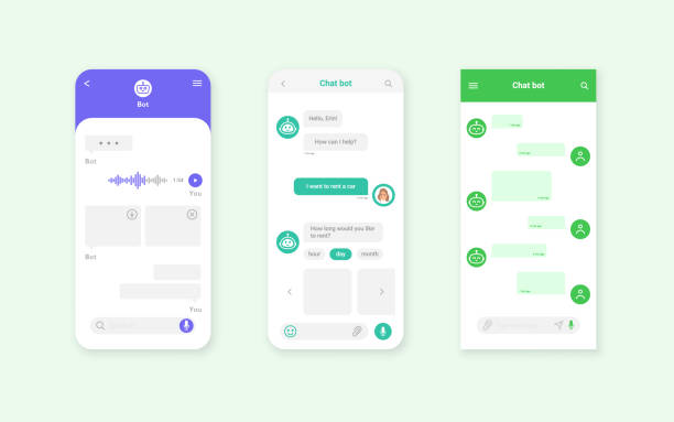 Set of chat bot mobile interface dialog box templates. UI UX elements for web design. Set of chat bot mobile interface dialog box templates. UI UX elements for web design. Vector illustration. phone text message mockup stock illustrations
