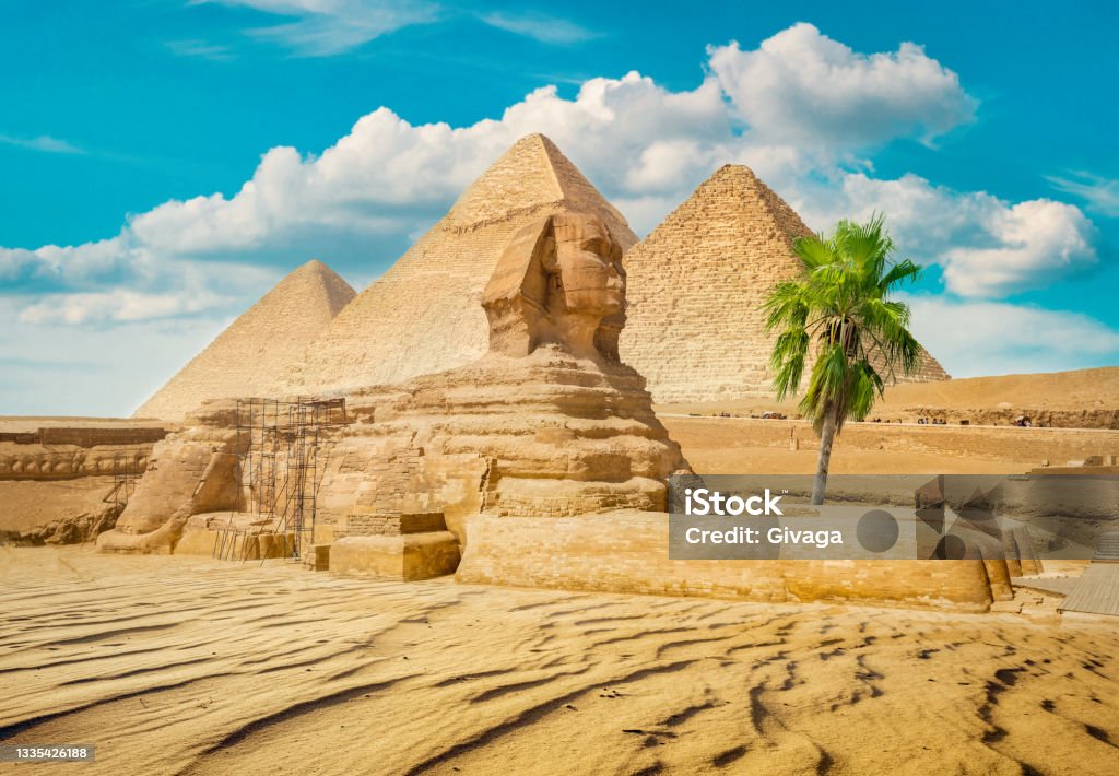 Sphinx and pyramid ruins Sphinx and pyramid in the egyptian desert Egypt Stock Photo