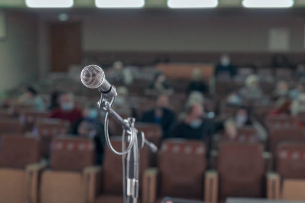 istock a wired microphone on a stand is installed on the stage 1335426543