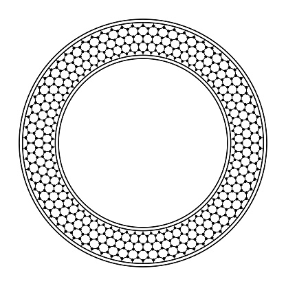 Circle frame with graphene pattern. Border, framed with circles, with a seamless schematic molecular graphene structure, carbon atoms, arranged in two-dimensional honeycomb lattice and hexagonal grid.