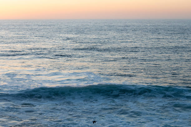 Blue sea water waves on evening sky, ocean.