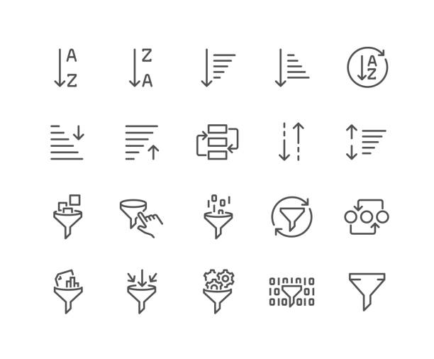 Line Sorting And Filtering Icons Simple Set of Sorting And Filtering Related Vector Line Icons. 
Contains such Icons as Data Processing, Structure Order, Digital Management and more. Editable Stroke. 48x48 Pixel Perfect. filtration stock illustrations