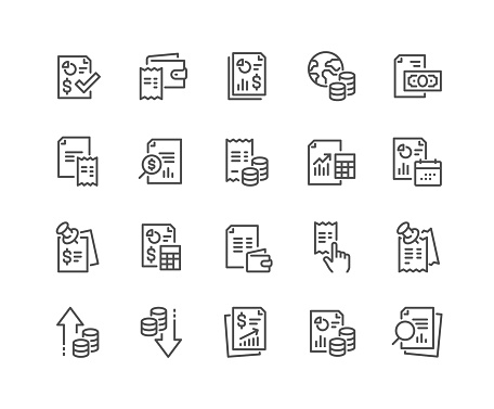 Simple Set of Financial Report Related Vector Line Icons. 
Contains such Audit, Receipt list, Expenses document and more. Editable Stroke. 48x48 Pixel Perfect.