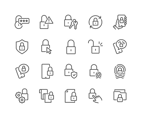Simple Set of Locks Related Vector Line Icons. 
Contains such Icons as Locked Document, Fingerprint, Padlock and more. Editable Stroke. 48x48 Pixel Perfect.