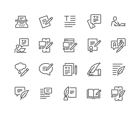 Simple Set of Text Related Vector Line Icons. 
Contains such Icons as Write Review, Creative Article Writing, Internet Content Editing and more. Editable Stroke. 48x48 Pixel Perfect.