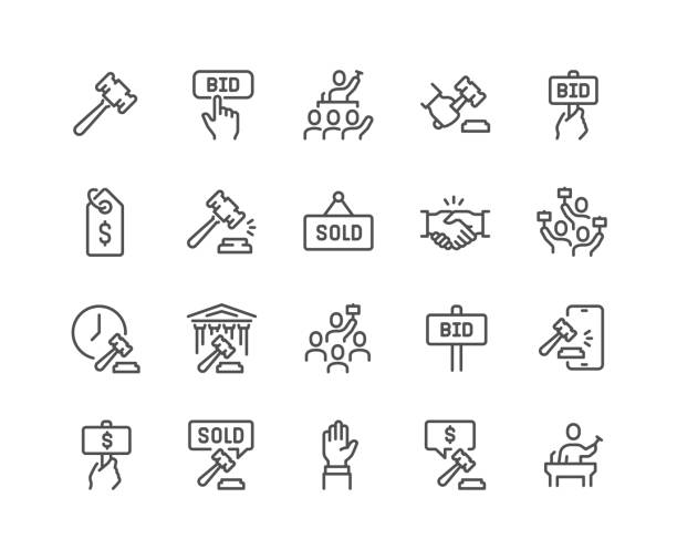 Line Auction Icons Simple Set of Auction Related Vector Line Icons. 
Contains such Icons as Price Tag, Deal, Auctioneer and more. Editable Stroke. 48x48 Pixel Perfect. auction stock illustrations