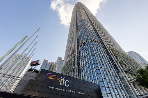 Hong Kong - August 20, 2021 : General view of the Two International Finance Centre, Finance Street, Central, Hong Kong.