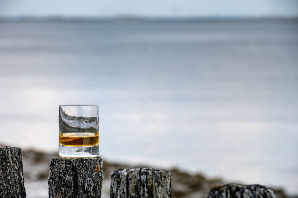 tasting of dram single malt scotch whisky on seashore in scotland, old wooden pole with whisky glass - spey scotland stockfoto's en -beelden