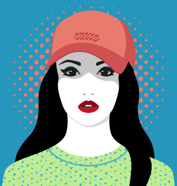 Beautiful young woman wearing baseball cap Beautiful young woman with red lips and long black hair wearing baseball cap and tshirt with abstract pattern against dotted background, front view, colorful vector portrait woman wearing baseball cap stock illustrations