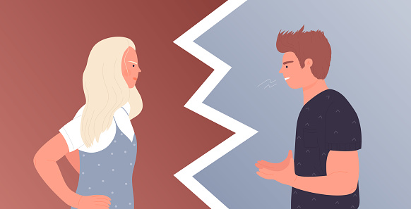 Couple people talk in anger, domestic violence concept vector illustration. Cartoon woman man characters quarrel, angry husband screaming at disagree wife, family confrontation problem background