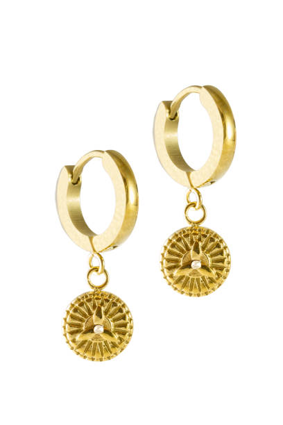 istock Golden earrings with protection symbol isolated on a white background. 1335443095