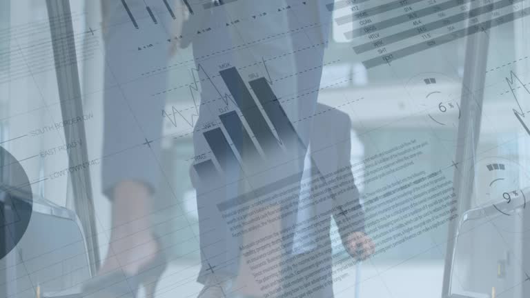 Animation of financial data processing over business people using escalator in office