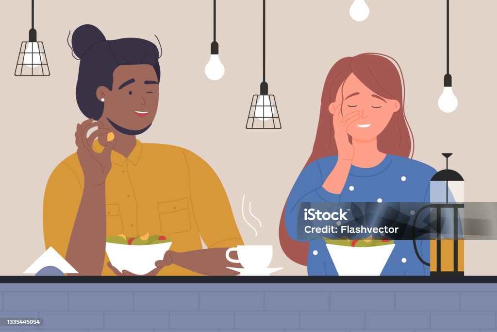 Glückliche Paar Leute, die sich im Café verabreden, Mann Frau macht lustiges Gesicht bei romantischem Date - Lizenzfrei Essen - Mund benutzen Vektorgrafik