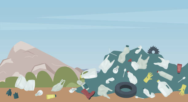ilustrações de stock, clip art, desenhos animados e ícones de landfill with garbage, waste dump in nature landscape, pollution environmental problem - pilha roupa velha