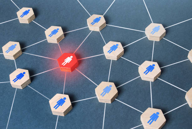 istock Red human figure in a network. Weak link, toxic worker. Security threat. Leader and leadership skills. Teamwork of a talented professional worker. Cooperation, collaboration. Spy. Employee replacement 1335447398