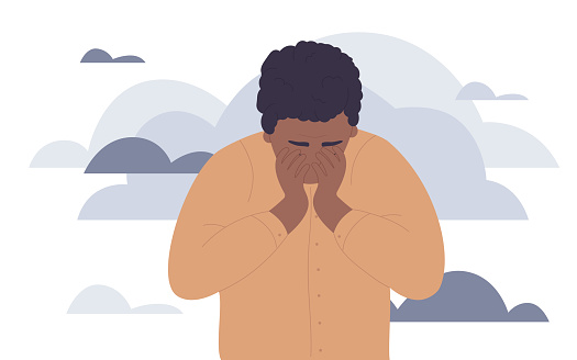 Upset unhappy man with mental health problems vector illustration. Cartoon young guy character crying, depressed person standing alone to cry, hopeless stress despair concept isolated on white