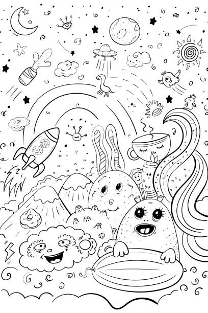 Cute Space Doodle Moon Rabbit and UFO Coloring Page Vector Clip Art Illustration Space Doodle Art Vector Doodle Illustration coloring illustrations stock illustrations