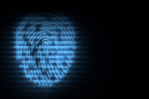 Cyber security, identity verification concept - large fingerprint outline over binary code glowing in blue color over dark background. 3d illustration.