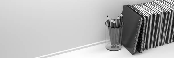 Wide web banner with office educational journaling accessories - pens and notebooks. Image with copy blank space. 3d illustration.