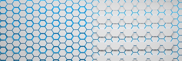Wide web banner with hexagonal pattern. White various sized hexagons on blue background. 3d illustration.