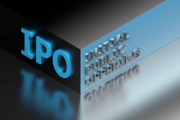 Financial term abbreviation IPO standing for Initial Public Offering on blue cube corner stock photo