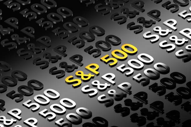Financial term S&P 500 written in shiny silver golden repeating words stock photo