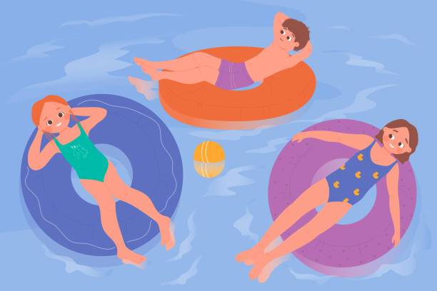 dzieci pływają w błękitnej wodzie basenu, dzieci opalają się, tropikalny ośrodek wakacje w kurorcie - swimming pool child water park inflatable stock illustrations
